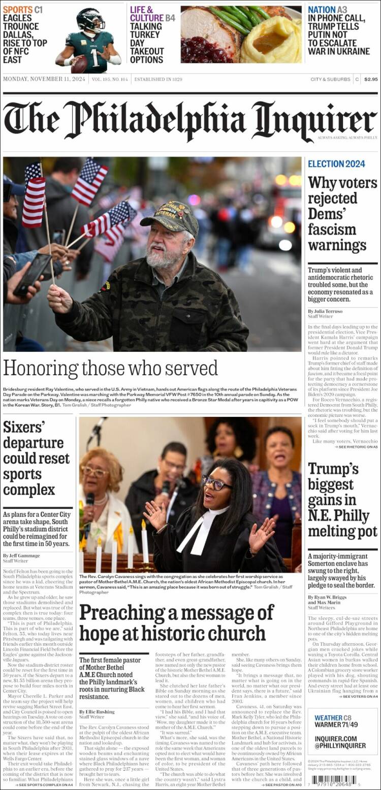 Portada de Philadelphia Inquirer (USA)