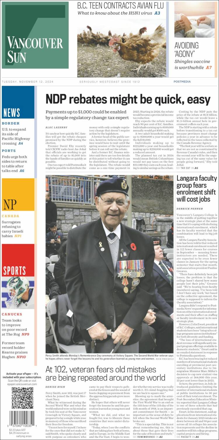 Portada de The Vancouver Sun (Canada)