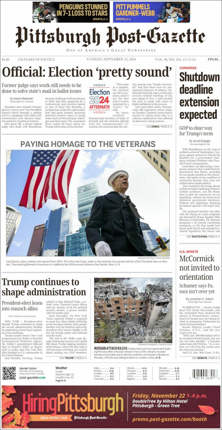 Portada de Pittsburgh Post-Gazette (USA)