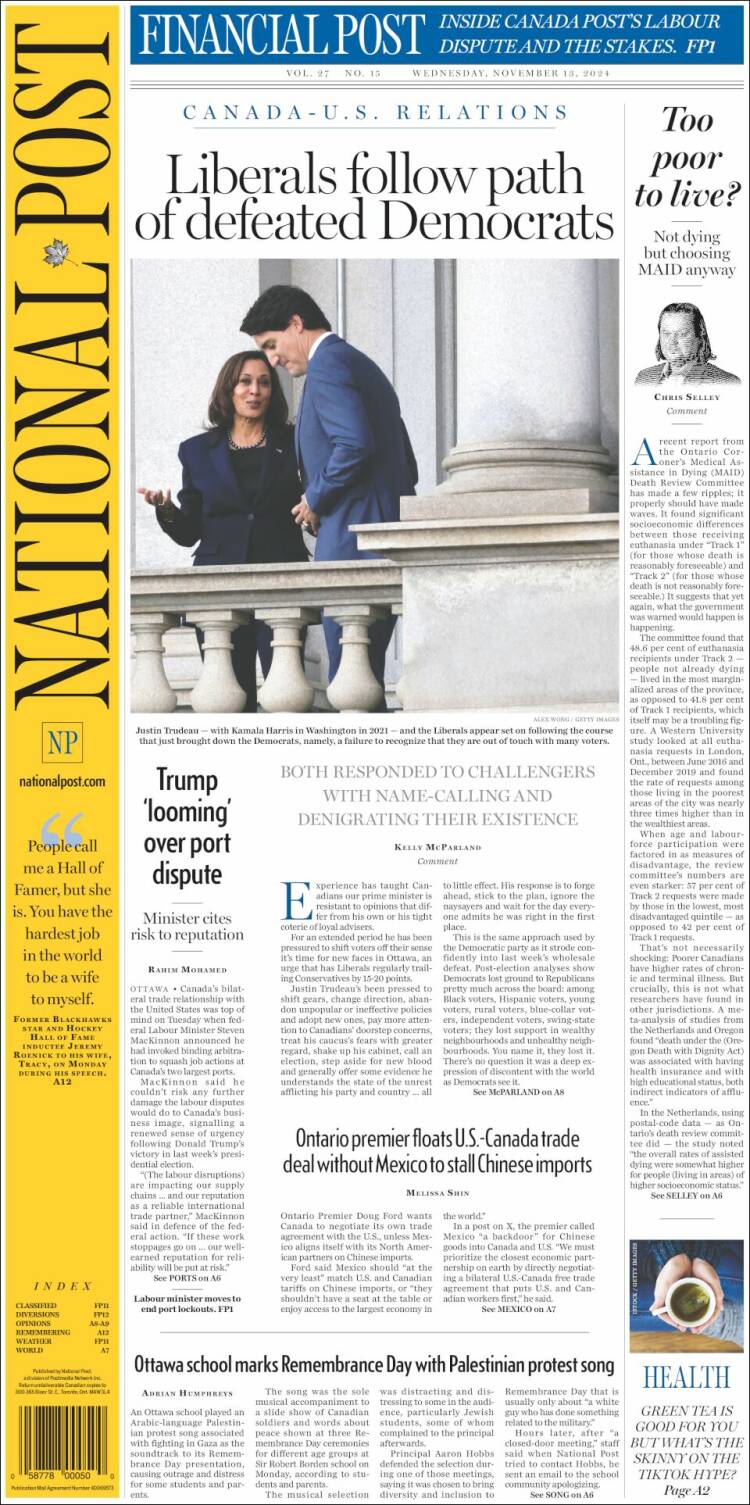 Portada de The National Post (Canadá)