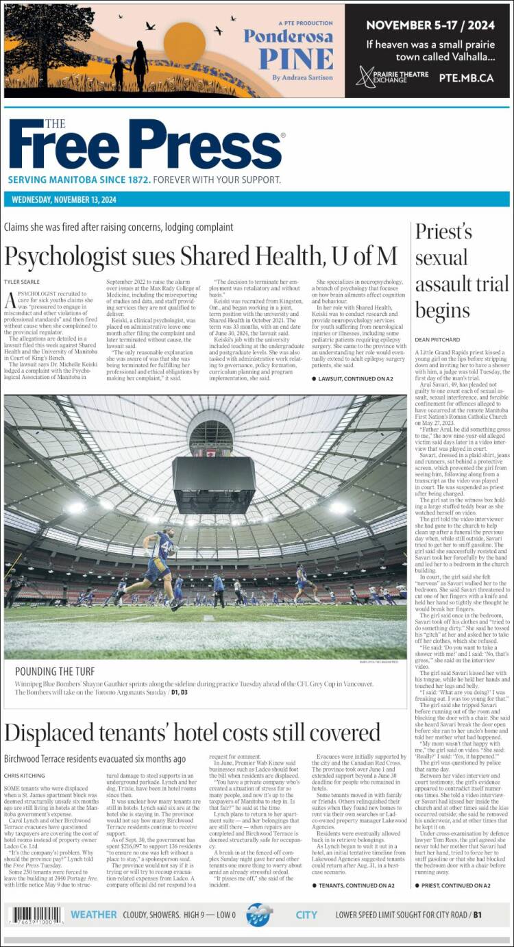 Portada de Winnipeg Free Press (Canadá)