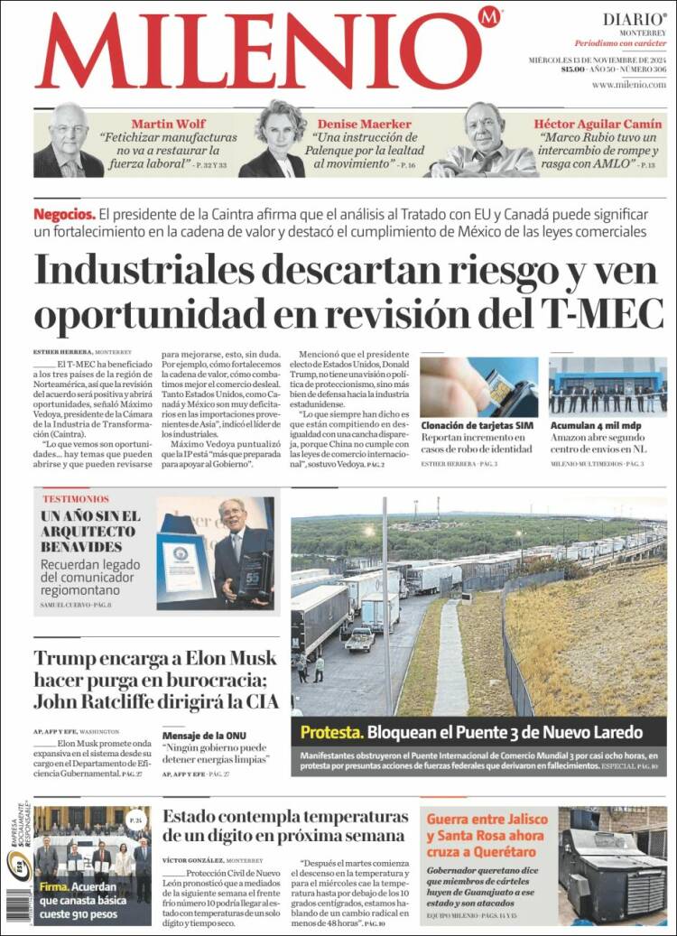 Portada de Milenio de Monterrey (México)