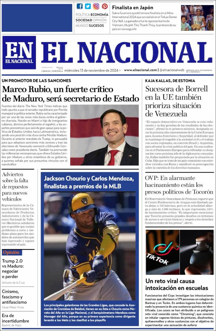 Portada de El Nacional (Venezuela)