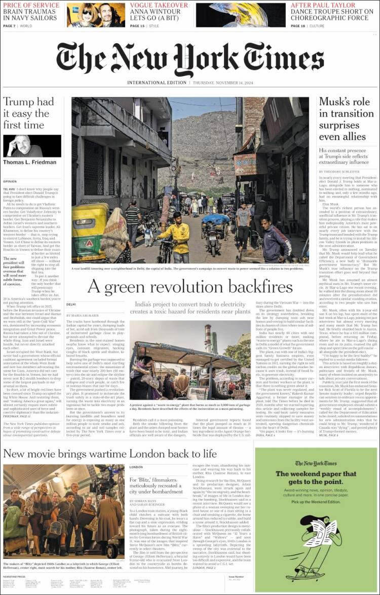Portada de International New York Times (Europa)