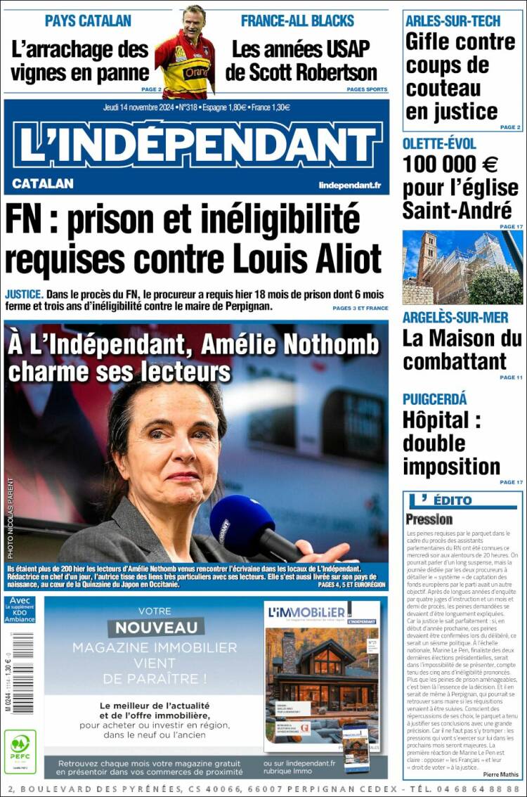 Portada de Le Indépendant (Francia)