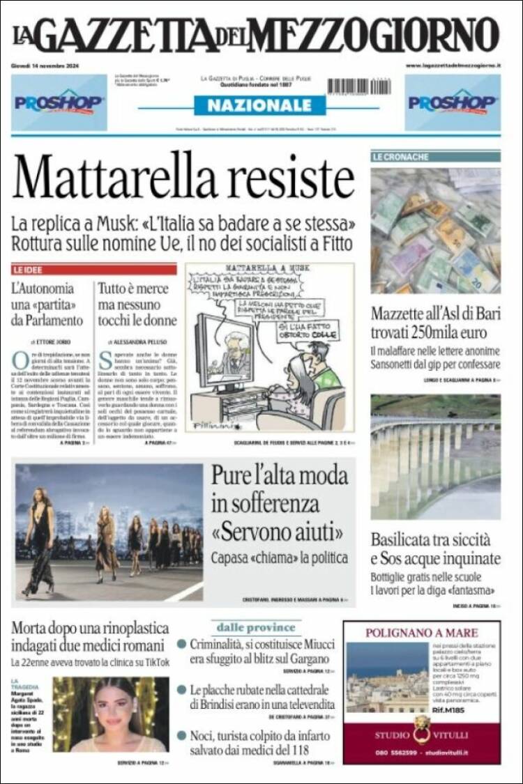 Portada de La Gazzetta del Mezzogiorno (Italia)