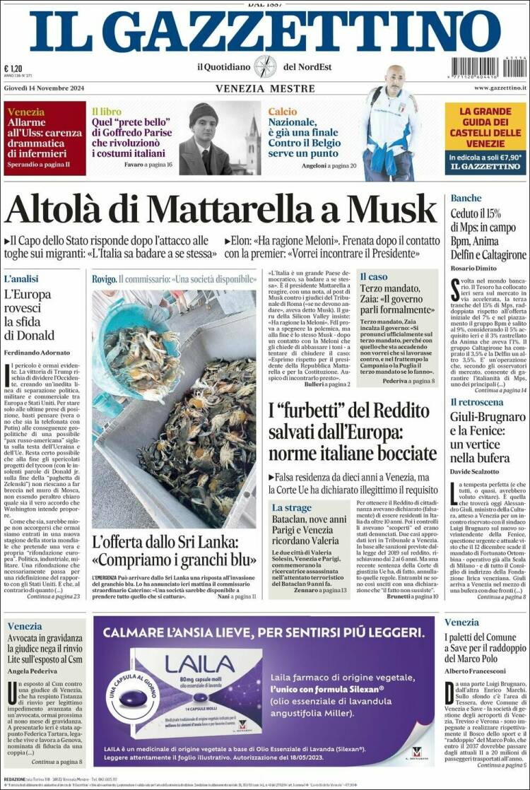 Portada de Il Gazzettino (Italia)
