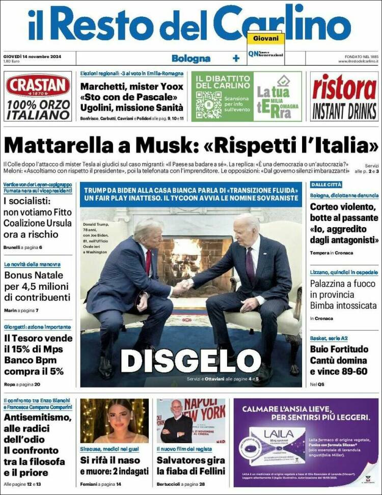 Portada de Il Resto del Carlino (Italia)