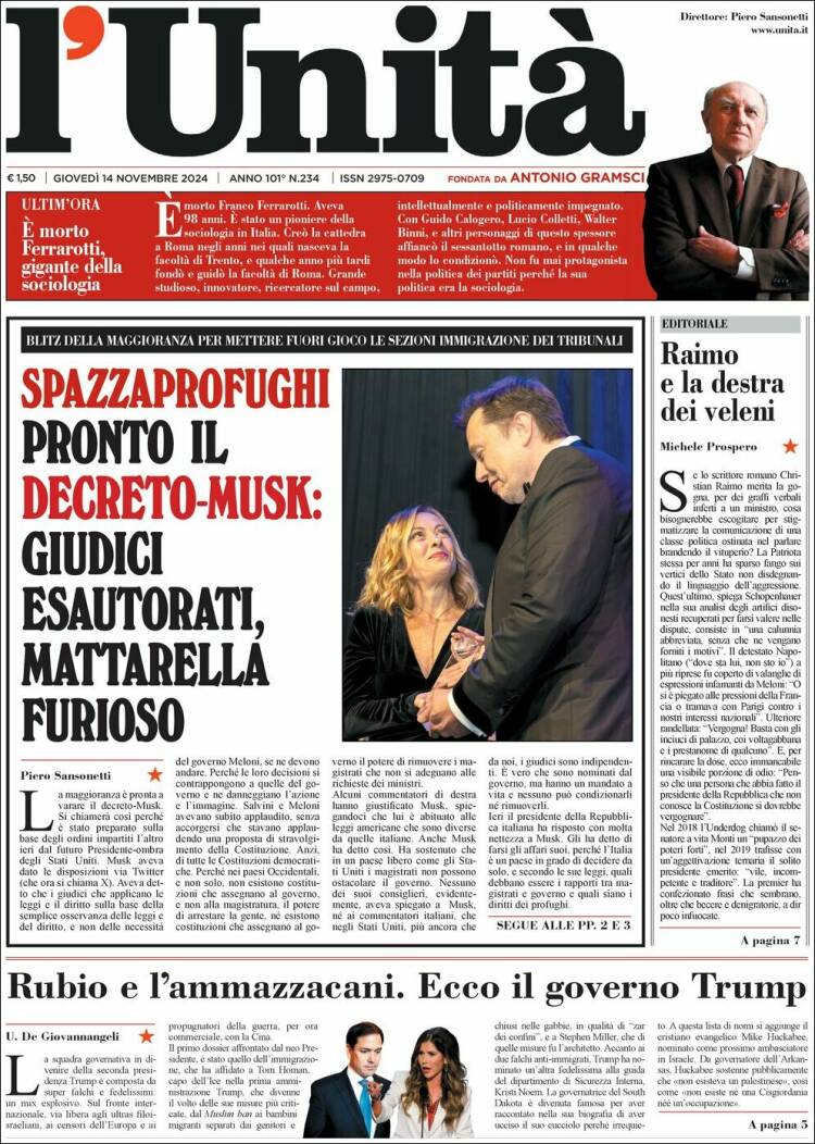 Portada de l'Unità (Italia)