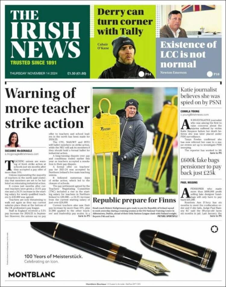 Portada de Irish News (Reino Unido)