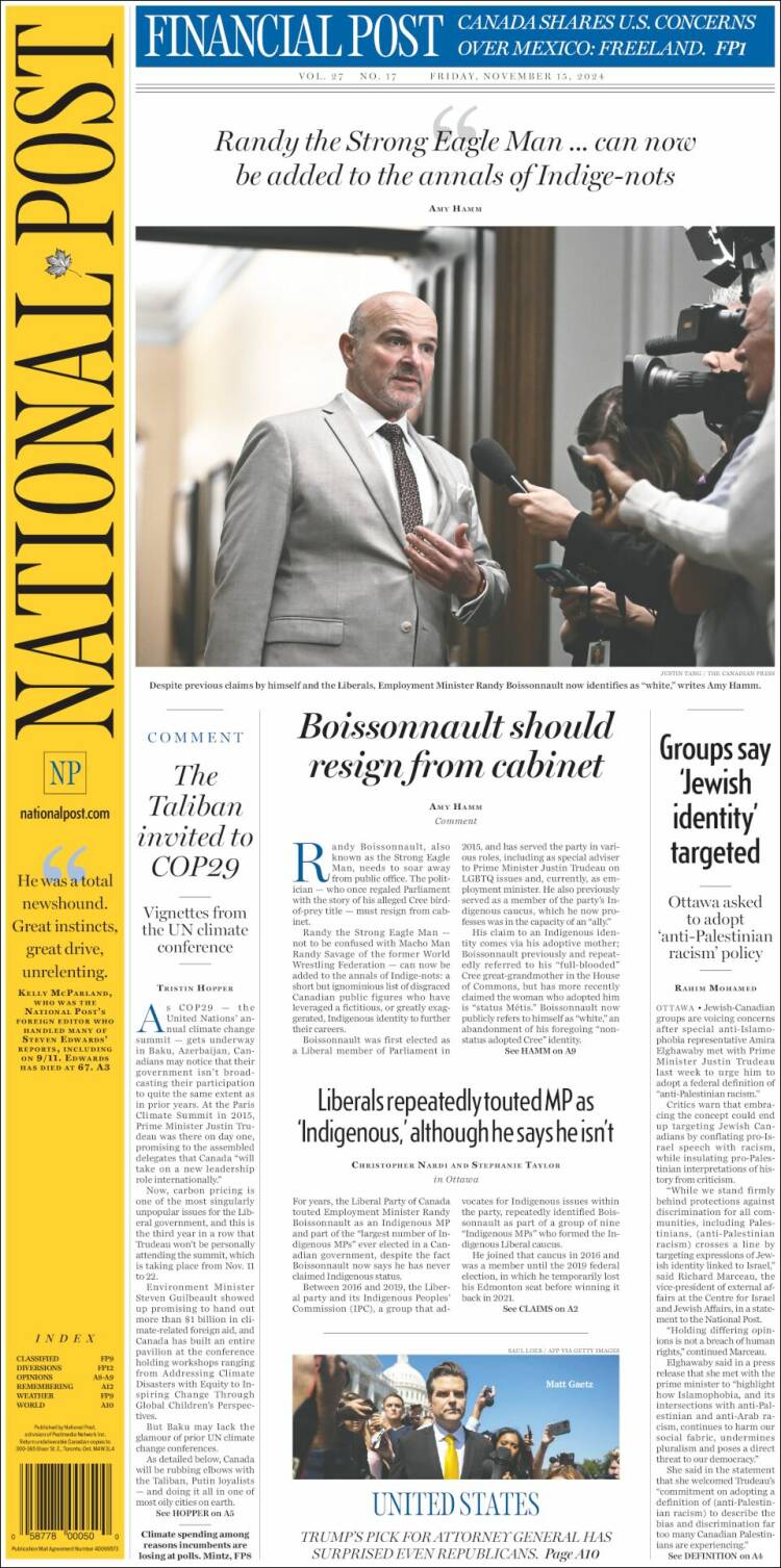 Portada de The National Post (Canadá)