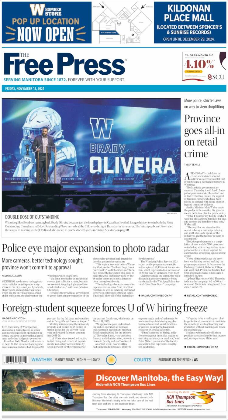 Portada de Winnipeg Free Press (Canadá)