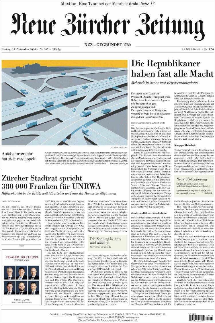 Portada de Neue Zürcher Zeitung (Suiza)