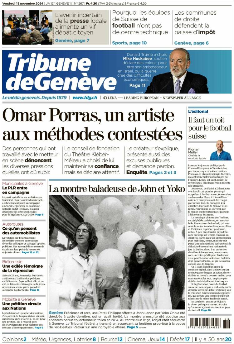 Portada de La Tribune de Genève (Suiza)