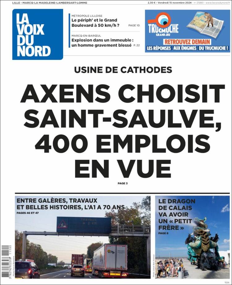 Portada de La Voix du Nord (Francia)
