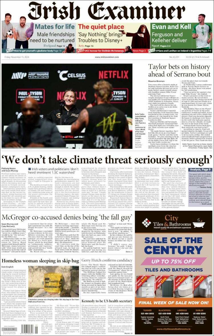 Portada de Irish Examiner (Irlanda)