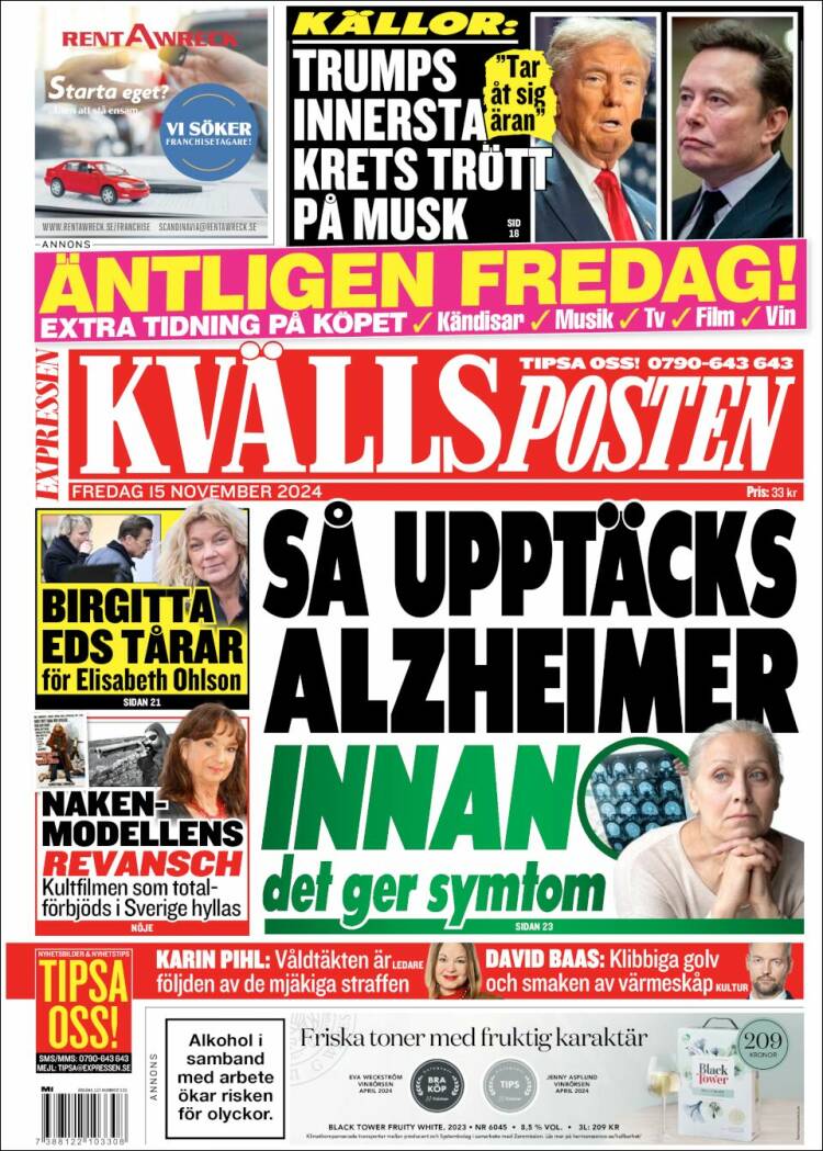 Portada de Kvällsposten (Suecia)