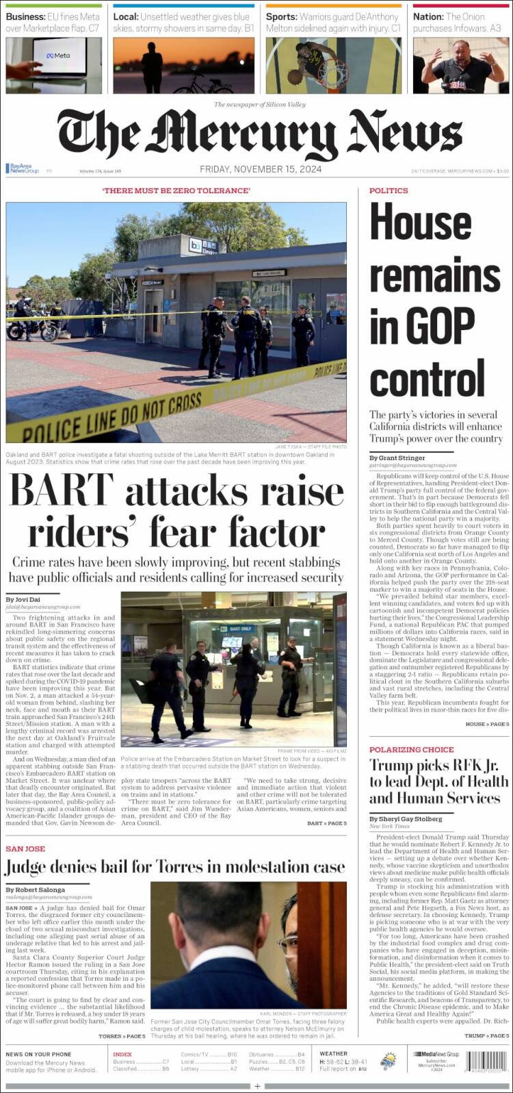 Portada de San Jose Mercury News (USA)