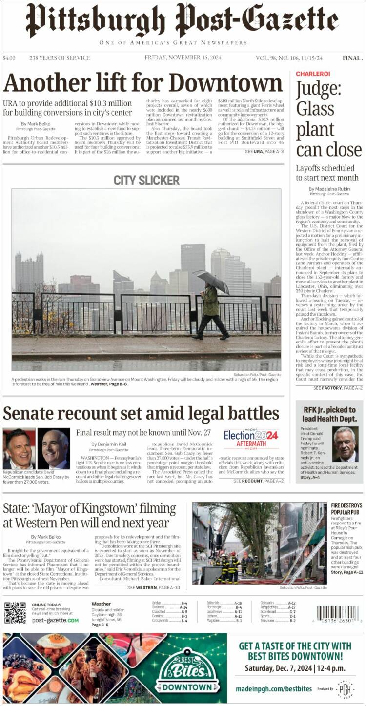 Portada de Pittsburgh Post-Gazette (USA)