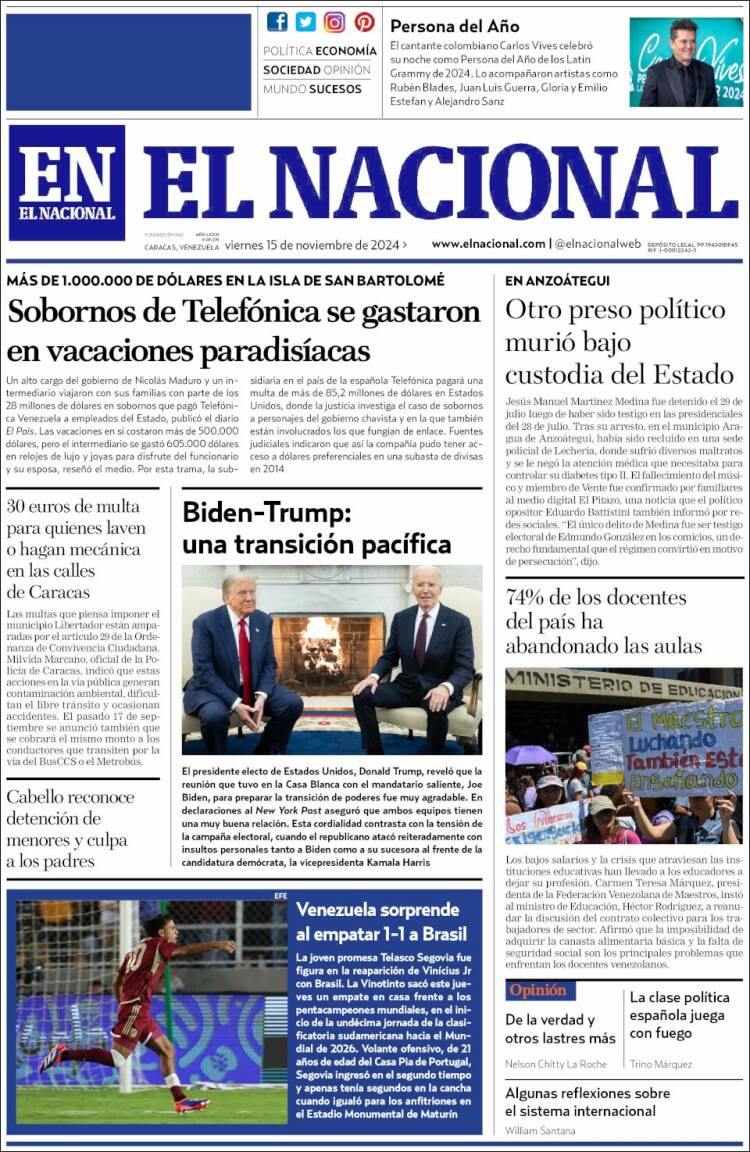 Portada de El Nacional (Venezuela)