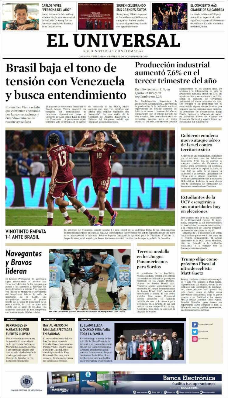 Portada de Universal (Venezuela)
