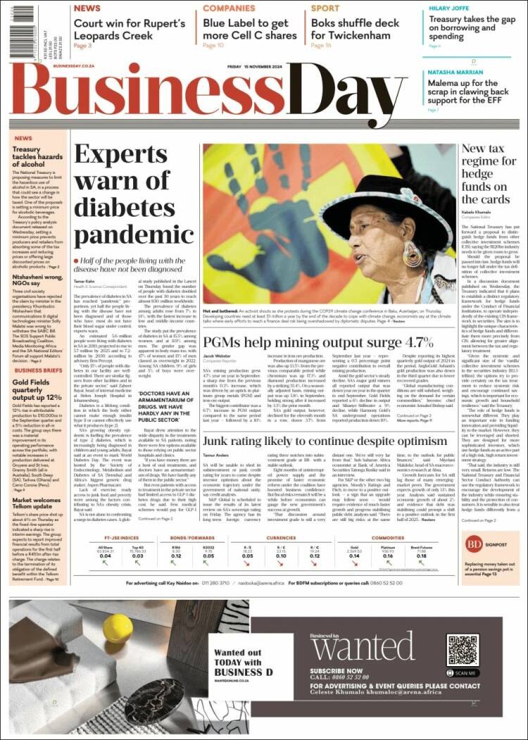 Portada de Business Day (Sud&aacute;frica)