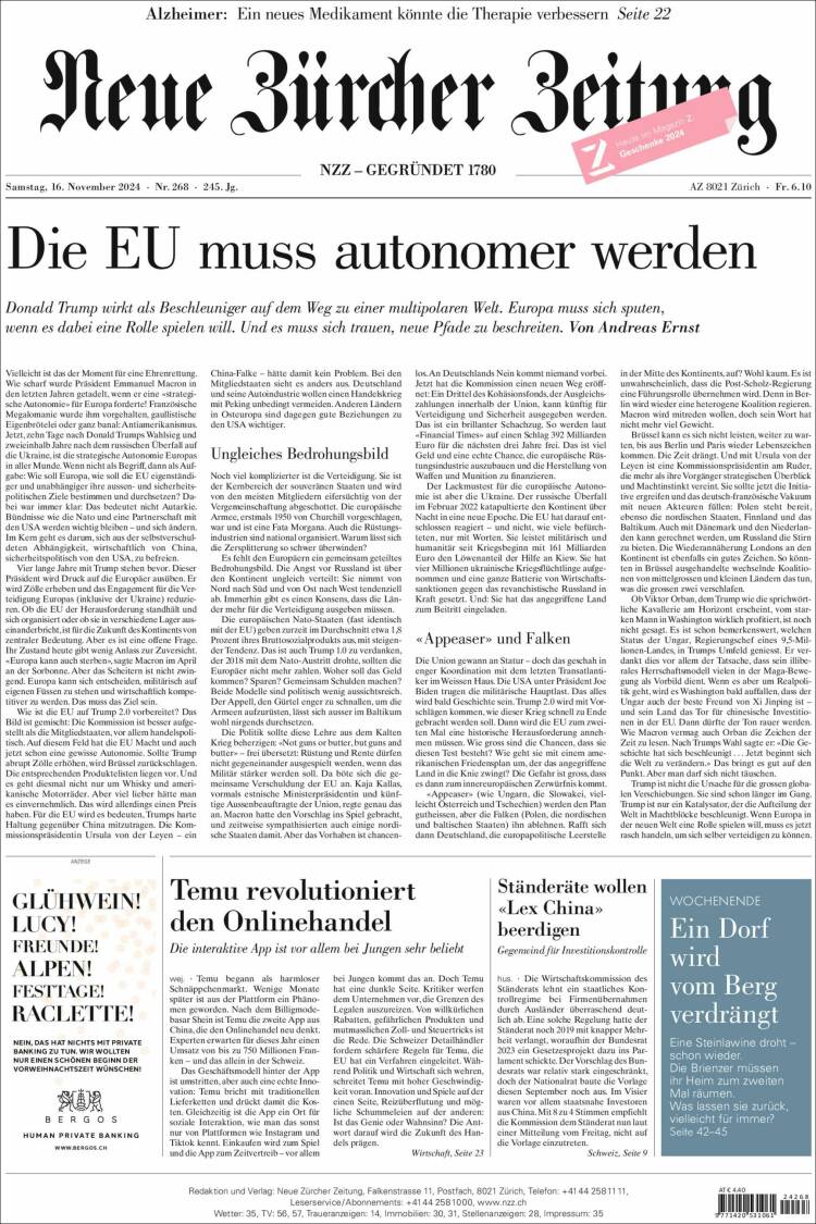 Portada de Neue Zürcher Zeitung (Switzerland)