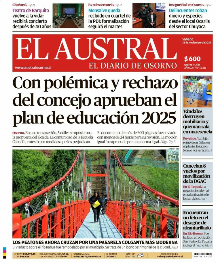 Portada de El Austral de Osorno (Chile)