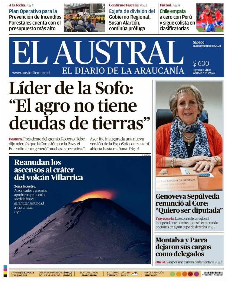 Portada de El Austral de Temuco (Chile)