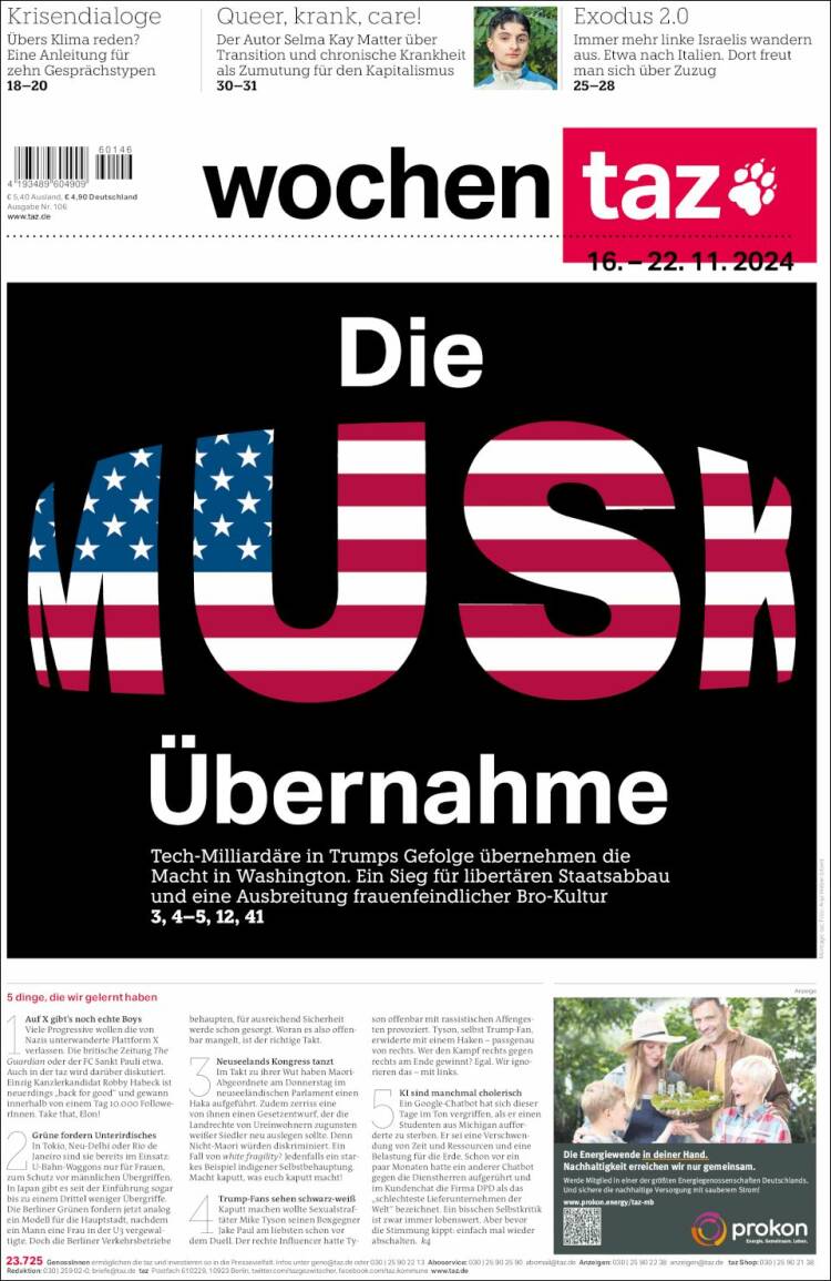 Portada de Die Tageszeitung (Alemania)