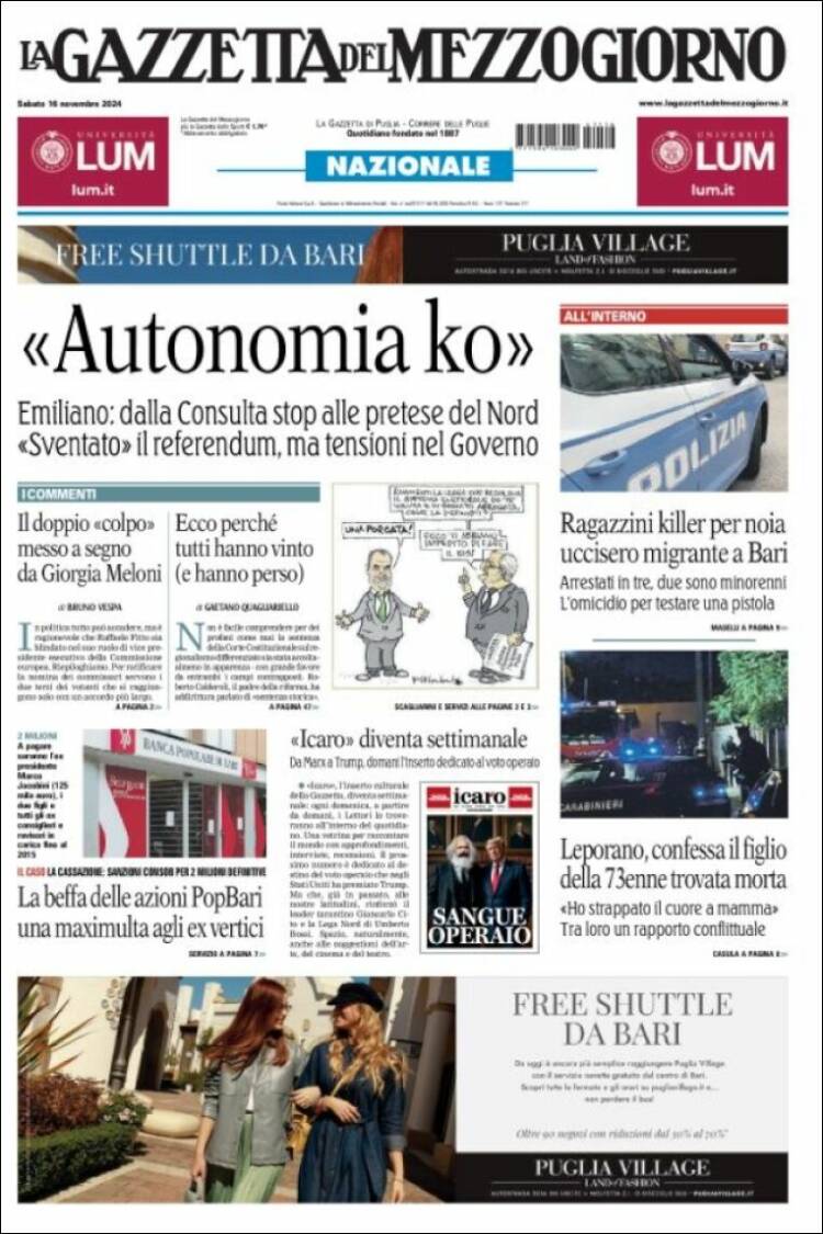 Portada de La Gazzetta del Mezzogiorno (Italia)