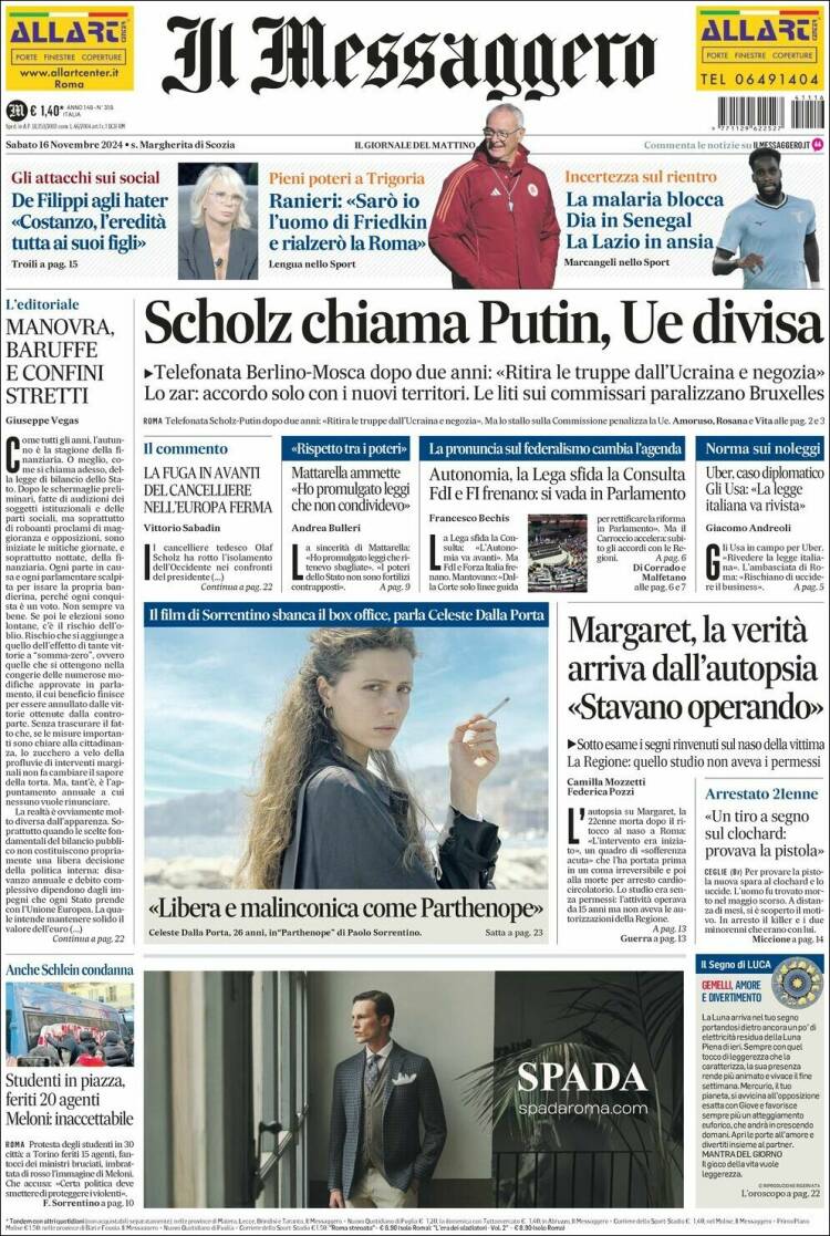 Portada de Il Messaggero (Italia)