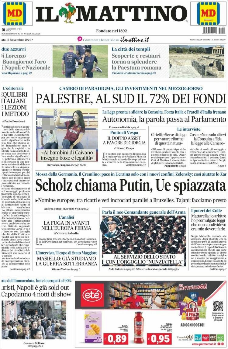 Portada de Il Mattino (Italia)
