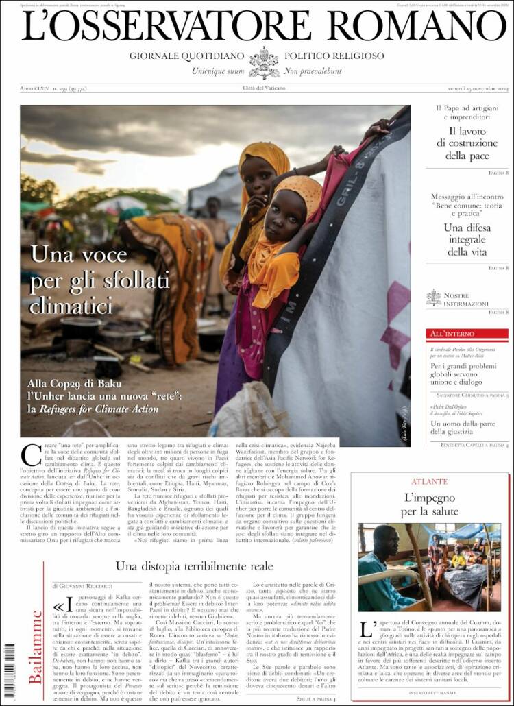 Portada de L'Osservatore Romano (Italia)