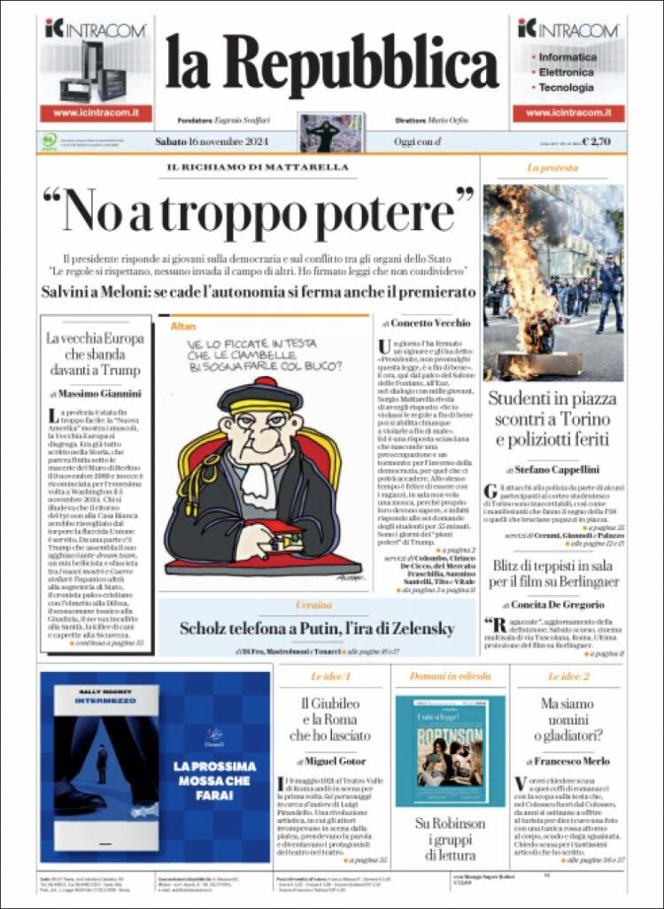Portada de La Repubblica (Italia)