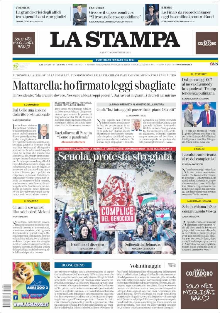 Portada de La Stampa (Italia)