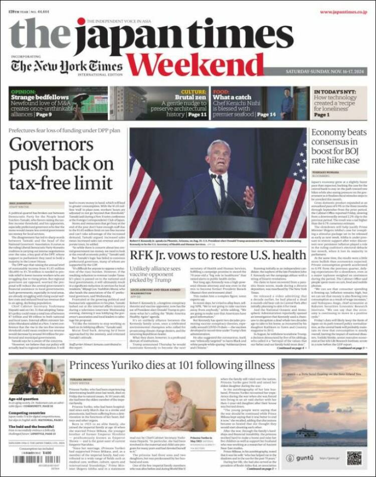 Portada de The Japan Times (Jap&oacute;n)