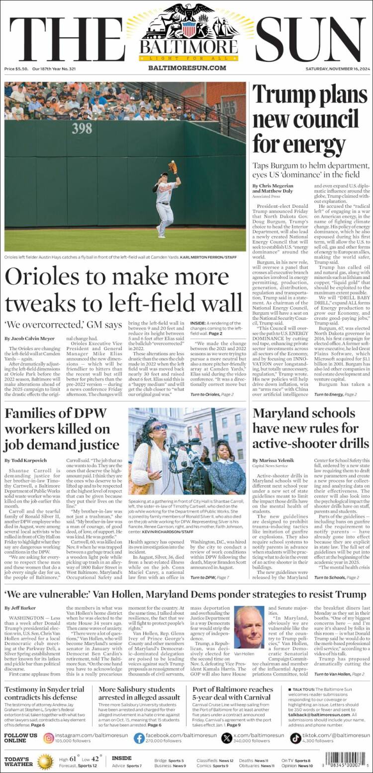 Portada de The Baltimore Sun (USA)