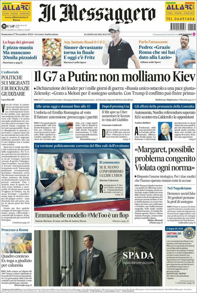 Portada de Il Messaggero (Italia)