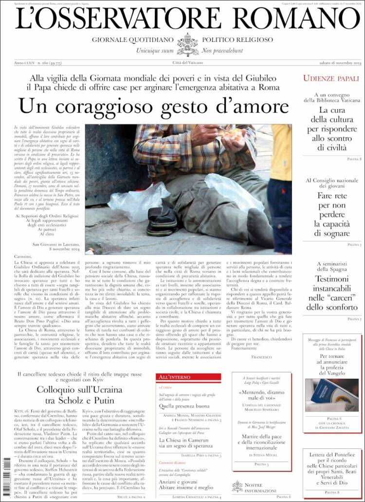 Portada de L'Osservatore Romano (Italia)