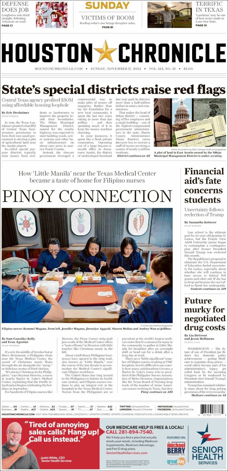Portada de Houston Chronicle (USA)
