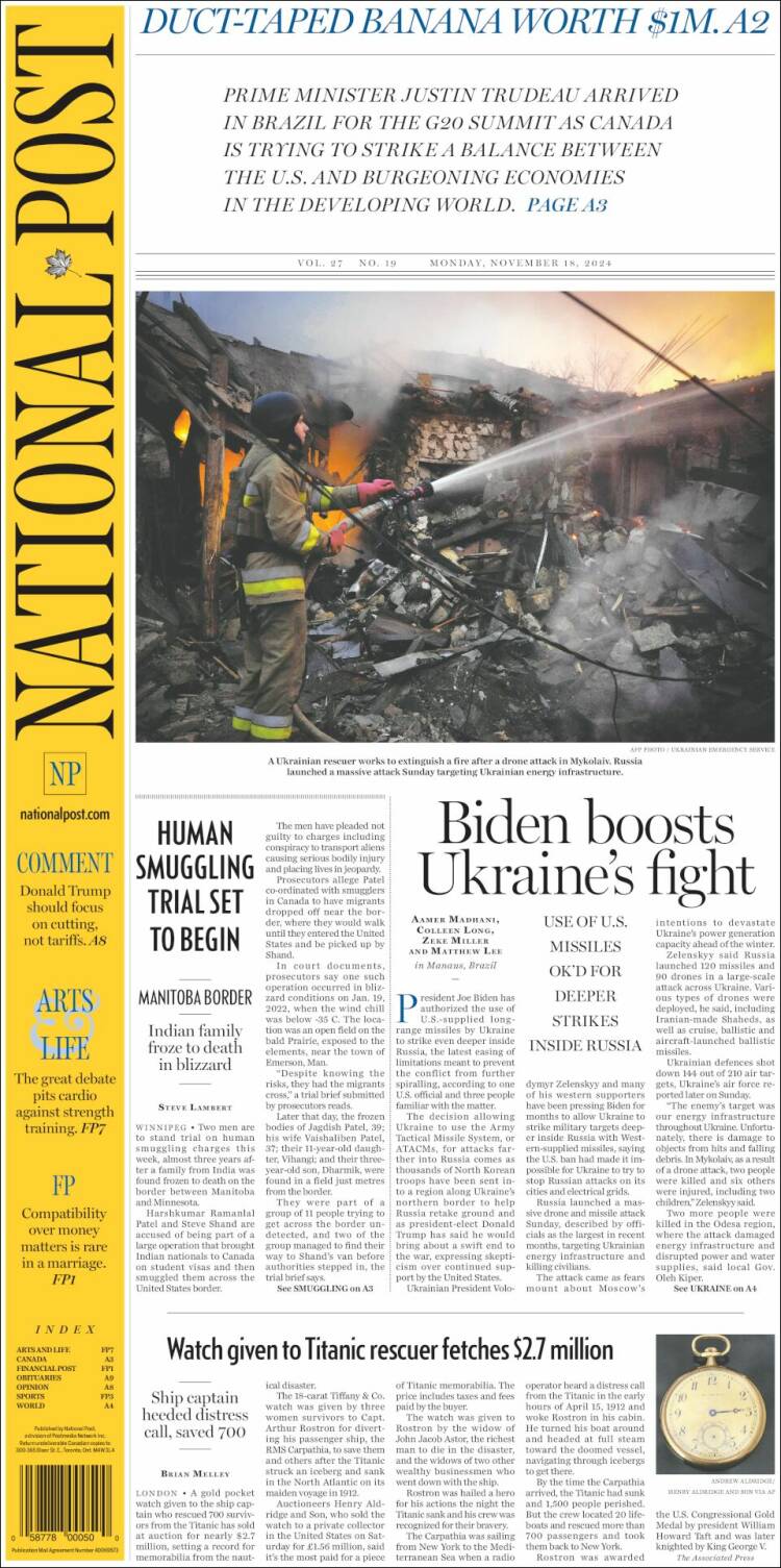 Portada de The National Post (Canadá)