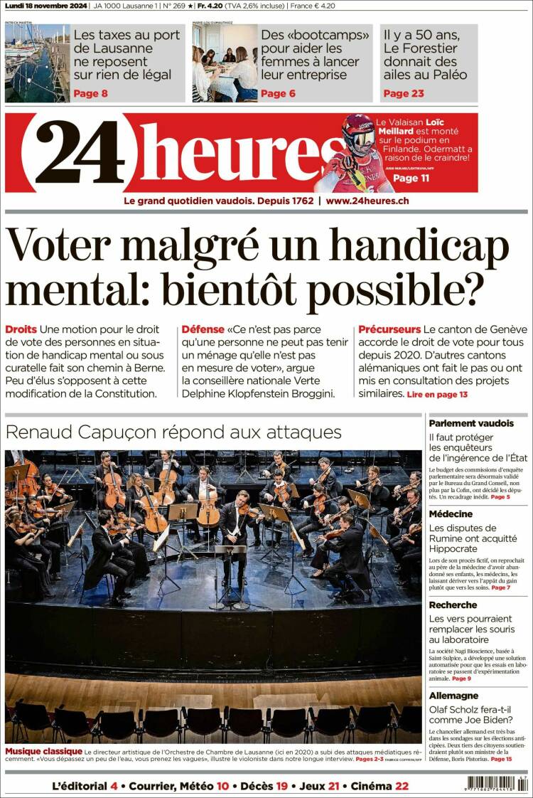 Portada de 24 Heures (Suiza)