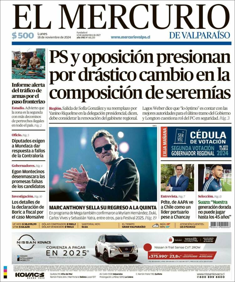 Portada de Mercurio de Valparaiso (Chile)