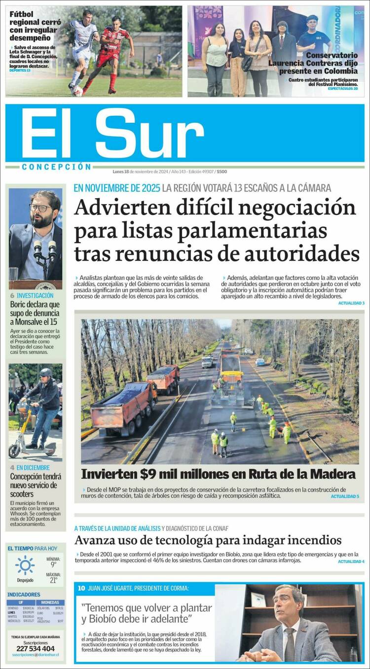 Portada de El Sur (Chile)