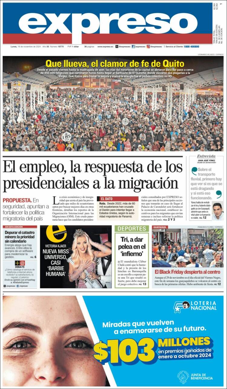 Periódico Expreso (Ecuador). Periódicos de Ecuador. Edición de lunes