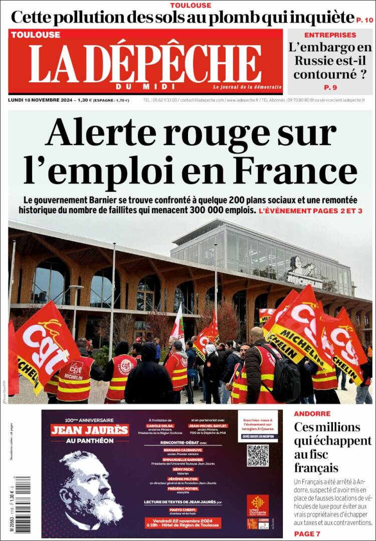 Portada de La Dépêche du Midi (Francia)