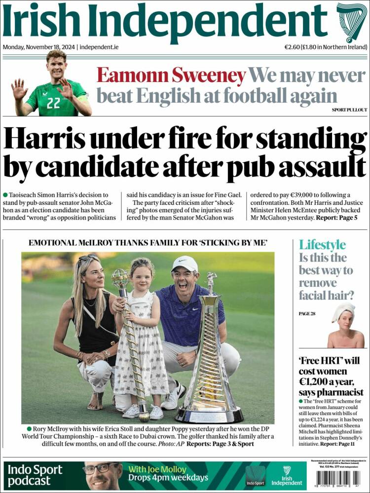 Portada de Irish Independent (Irlanda)