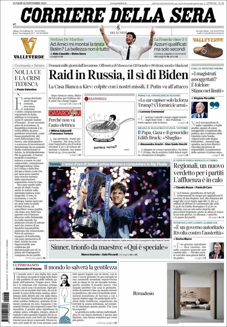 Portada de Corriere della Sera (Italia)