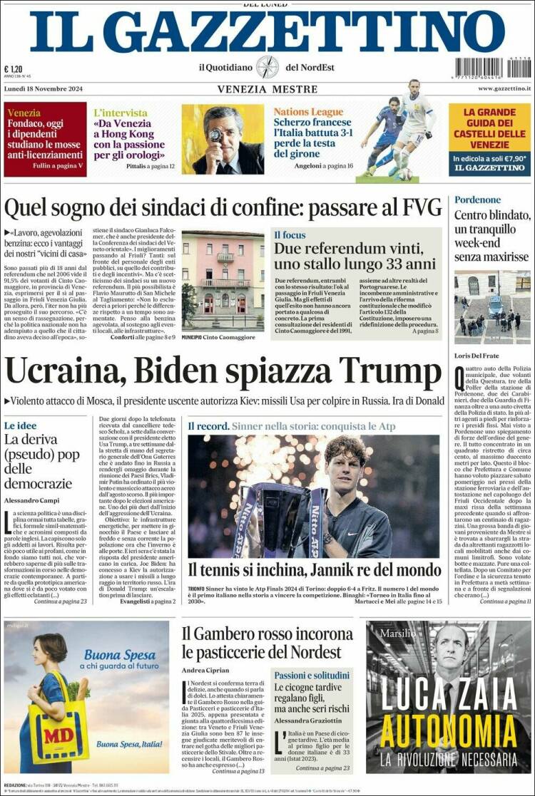 Portada de Il Gazzettino (Italia)